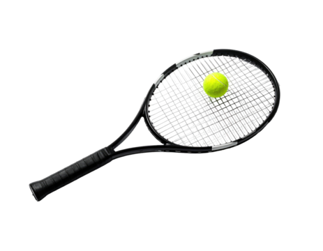 A black tennis racquet and a yellow ball on a black background