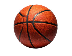 A textured, orange basketball with black lines on a black background