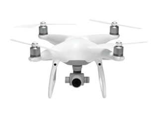 A pristine white quadcopter drone with propellers and a camera
