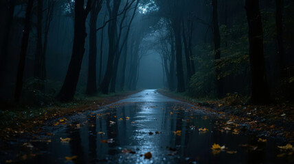 Forest road wet after rain exploration mysterious artistic conception background