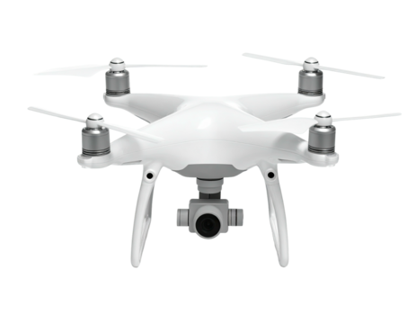 A pristine white quadcopter drone with propellers and a camera