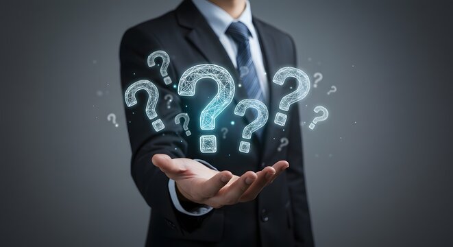 Businessman Holding Digital Question Marks - Problem Solving Concept