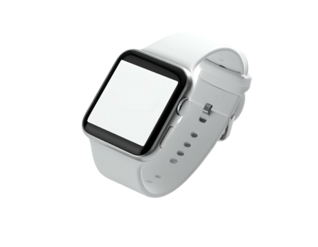 A sleek, square smartwatch with a white strap and a blank, bright screen