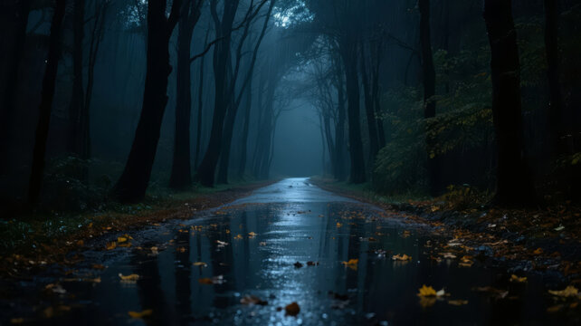 Forest road wet after rain exploration mysterious artistic conception background