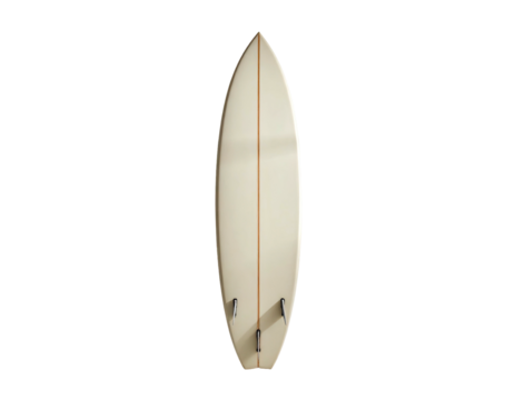 Overhead shot of a cream-colored surfboard with fins against a black background