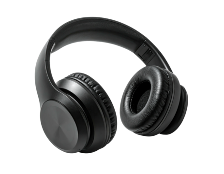 Black over-ear headphones, angled slightly, showing earcups and headband
