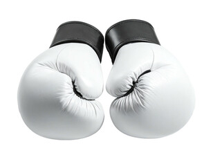 Pair of white boxing gloves with black wristbands, isolated against a black backdrop