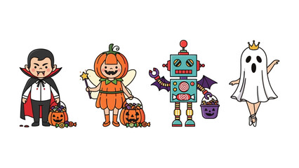 Spooky Character Gathering: A collection of playful Halloween character illustrations, each dressed in festive costumes and carrying treat containers.