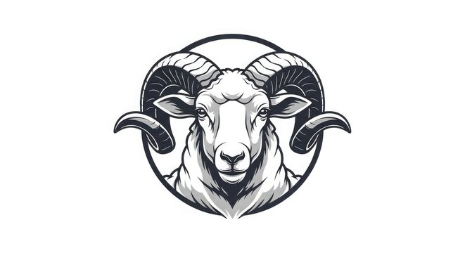 A grayscale illustration of a ram's head, featuring large curved horns inside a circular border.