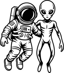An astronaut and an alien walking together in outer space illustration for a bundle design showcasing interspecies friendship and cosmic exploration