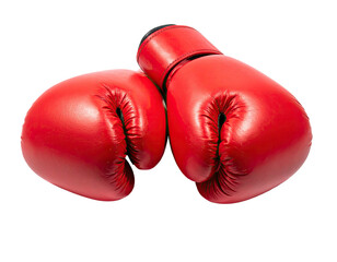 Two red leather boxing gloves, overlapping, isolated on a black background