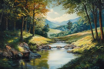 A quiet stream running peacefully through a mountain glade, with the water reflecting the surrounding trees and the vibrant green foliage of the hills