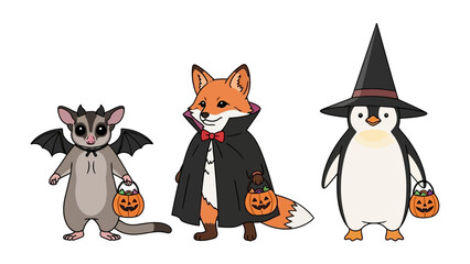 Halloween Animals: A playful collection of whimsical Halloween characters, including a Sugar Glider dressed as a bat, a Fox in a vampire cape, and a Penguin donning a witch hat.