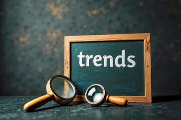 Trends Concept with Chalkboard, Magnifying Glass and Glasses