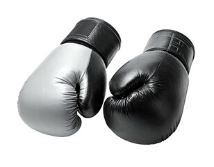 A pair of boxing gloves, one black, one silver, on a black background
