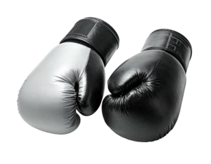 A pair of boxing gloves, one black, one silver, on a black background