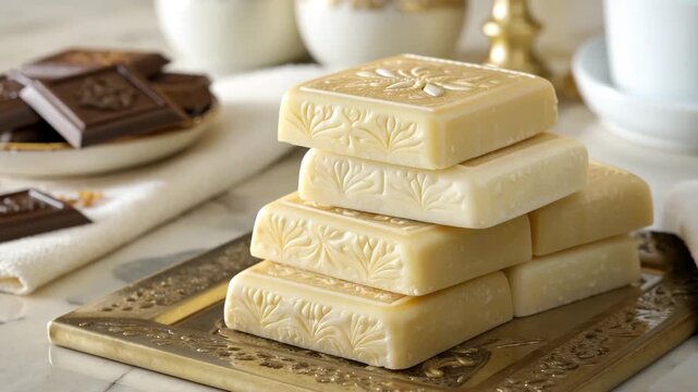 Luxurious stack of creamy white chocolate squares featuring floral embossing on a marble surface background