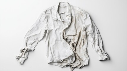 White shirt covered in dirt laid out on a clean surface evokes a sense of neglect and wear in a minimalist setting