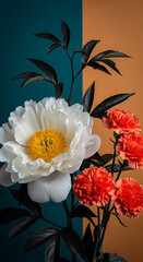 Beautiful bouquet of white peony and orange carnation flowers with dark leaves
