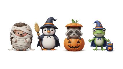 Spooky Halloween Characters: Adorable illustrations of Halloween creatures. A hedgehog, penguin, raccoon, and frog in costumes and accessories. perfect for festive greetings, or seasonal promotions.