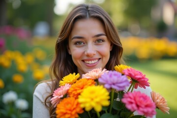 Fototapeta premium A Woman Holding a Vibrant Bouquet in a Sunlit Garden