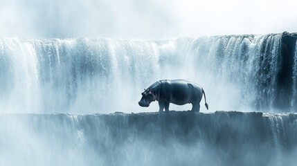 Hippo walking near waterfalls during twilight amidst mist and fog in natural landscape scenery