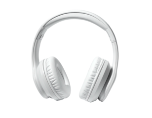 Clean, white over-ear headphones with a sleek design. Isolated on black