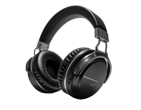 Sleek black over-ear headphones with cushioned earcups and metallic accents