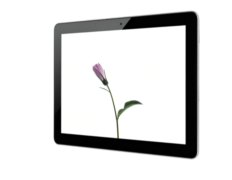 A sleek, black tablet displaying a single flower on a bright white screen