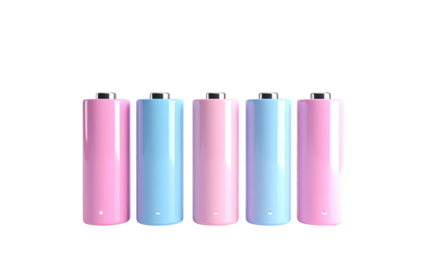 Five AA batteries, alternating pink and blue, stand upright against a stark black background