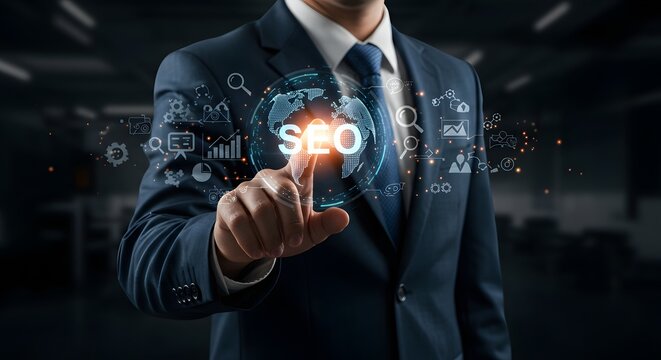 Businessman Touching SEO Optimization Globe Interface
