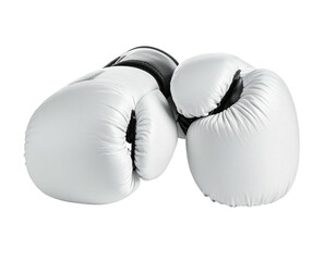 Two pristine white boxing gloves sit isolated against a solid black background