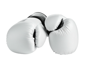 Two pristine white boxing gloves sit isolated against a solid black background