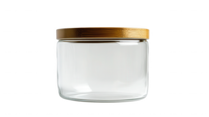 Empty glass jar with wooden lid isolated on transparent background mockup