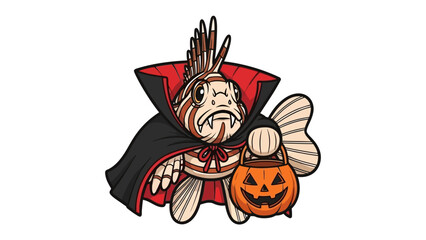 Vampire Fish with Jack-o'-Lantern: A whimsical illustration presents a vampire fish character, draped in a cape, carrying a carved pumpkin.