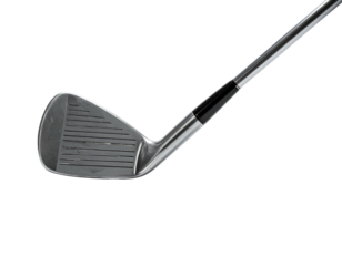 Close-up of a metallic golf club, with head and shaft isolated on black background