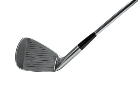 Close-up of a metallic golf club, with head and shaft isolated on black background