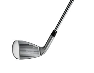 A close-up, angled view of a golf club iron against a black background