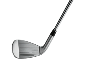 A close-up, angled view of a golf club iron against a black background