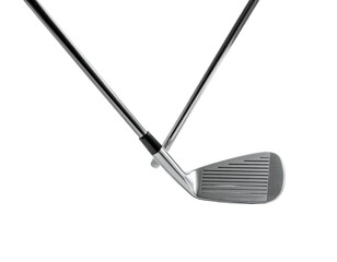 Two golf clubs intersecting, one resting on top of the other against a dark background