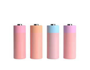 Four colorful cylindrical batteries, top metal ends, on black background