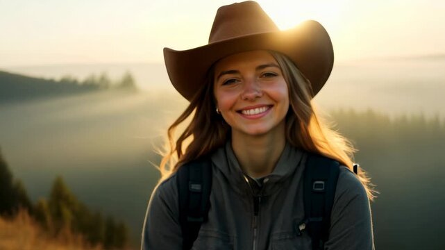 Young Caucasian female hiker in a cowboy hat in a mountain forest looking at camera and smiling. Cheerful young woman in cowboy hat looks at camera amid tall trees on a mountain trail.