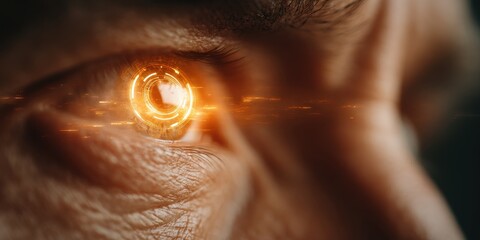Technological Insight: A close-up shot captures the intense gaze of an eye enhanced with a digital overlay. The luminous graphic suggests a focus on digital technology and futuristic visions.