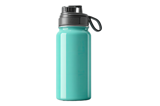 Light teal insulated water bottle with black cap and handles