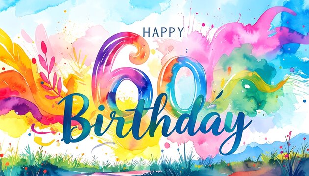 Colorful birthday greeting card with abstract watercolor design