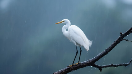 Egret perching on a branch in the rain ink painting style animal nature background