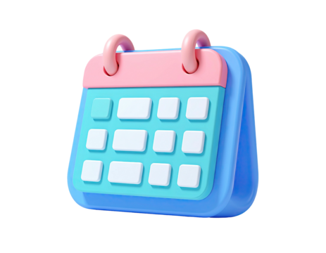 3D rendered light blue and pink calendar with visible month dates on black