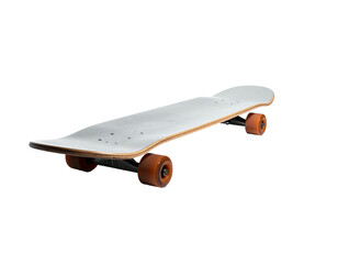 A white skateboard, deck angled, with orange wheels against a black background