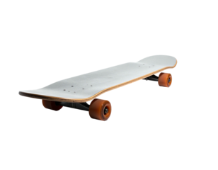 A white skateboard, deck angled, with orange wheels against a black background