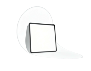 A tablet with a white screen, placed on a curved white surface, isolated